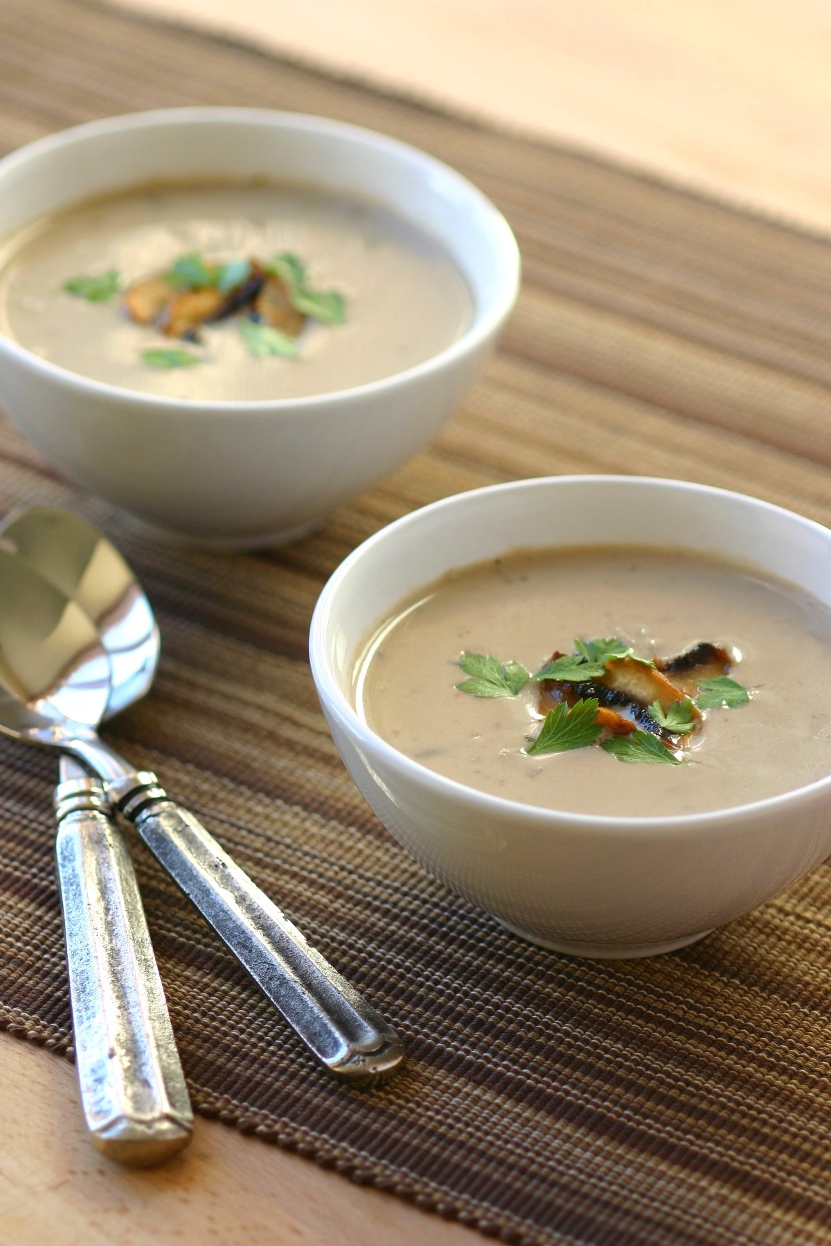 A recipe for Vegan Cream of Mushroom Soup that is velvety and full of flavor--perfect for a chilly day.