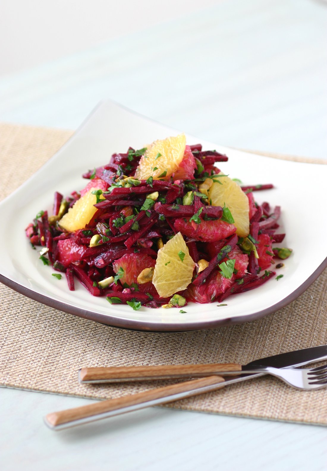 This recipe for Raw Beet Salad with oranges and pistachios has a sweet, earthy flavor and a toothy chew.