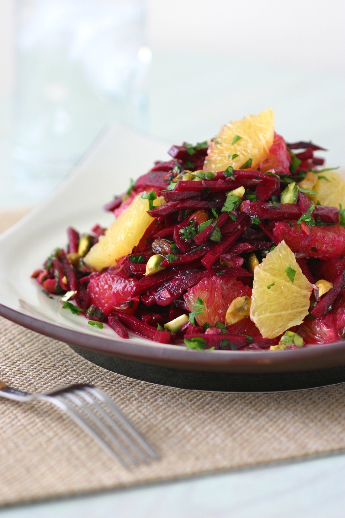 This recipe for Raw Beet Salad with oranges and pistachios has a sweet, earthy flavor and a toothy chew.