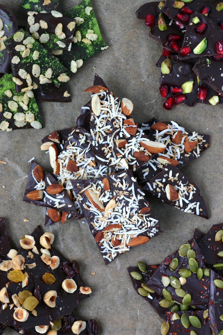 A recipe for Chocolate Bark that can be made quickly with minimal ingredients. Nuts, seeds, fruits, spices, herbs, and teas are all great toppings.