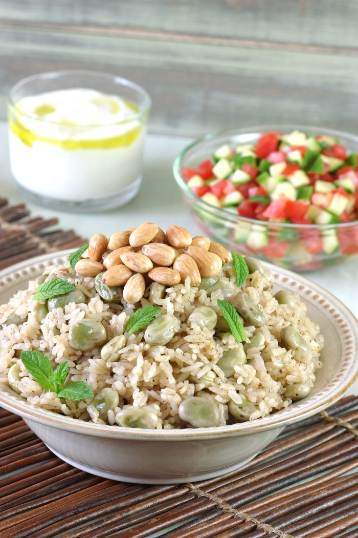 A springtime Fava Bean Rice Pilaf featuring creamy favas, authentic spices, and toasted almonds—and done in only 30 minutes!