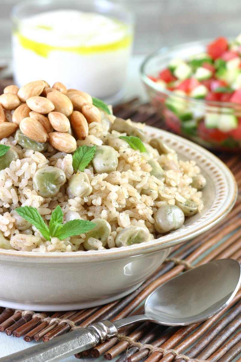 A springtime Fava Bean Rice Pilaf featuring creamy favas, authentic spices, and toasted almonds—and done in only 30 minutes!