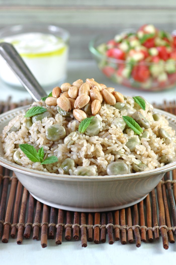 A springtime Fava Bean Rice Pilaf featuring creamy favas, authentic spices, and toasted almonds—and done in only 30 minutes!