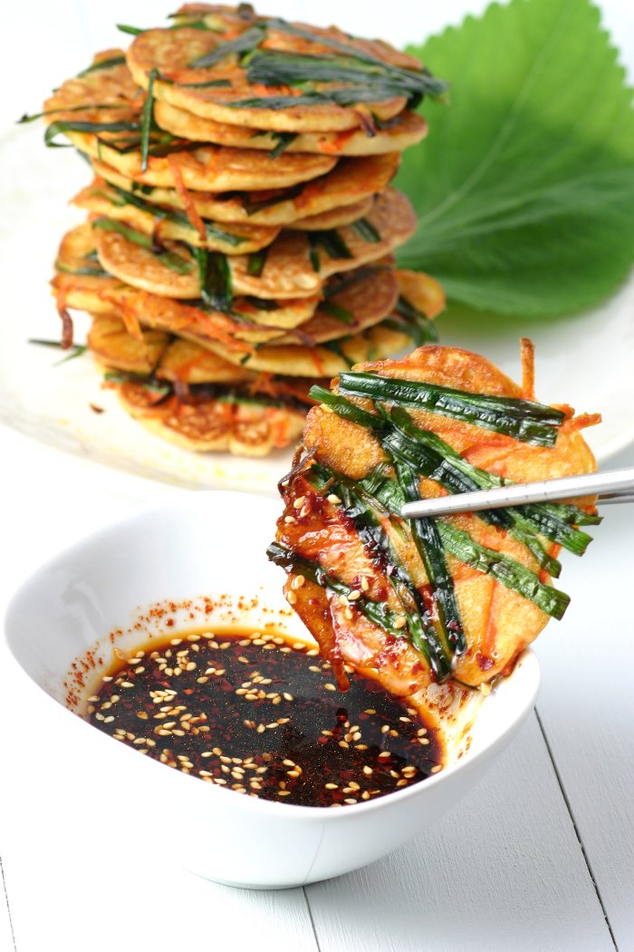 Gluten-free and vegan, these savory Korean Mung Bean Pancakes are chewy in the middle and crisp on the edges.