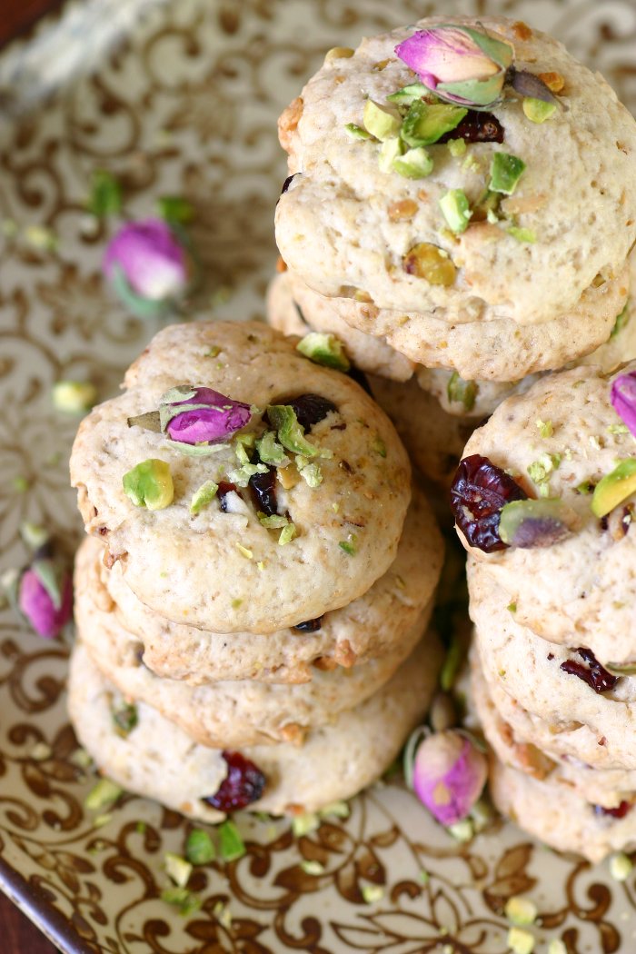 Crisp and crumbly, these Pistachio, Cranberry, and Rosewater Cookies are lightly sweetened and have a dreamy, subtle floral note.