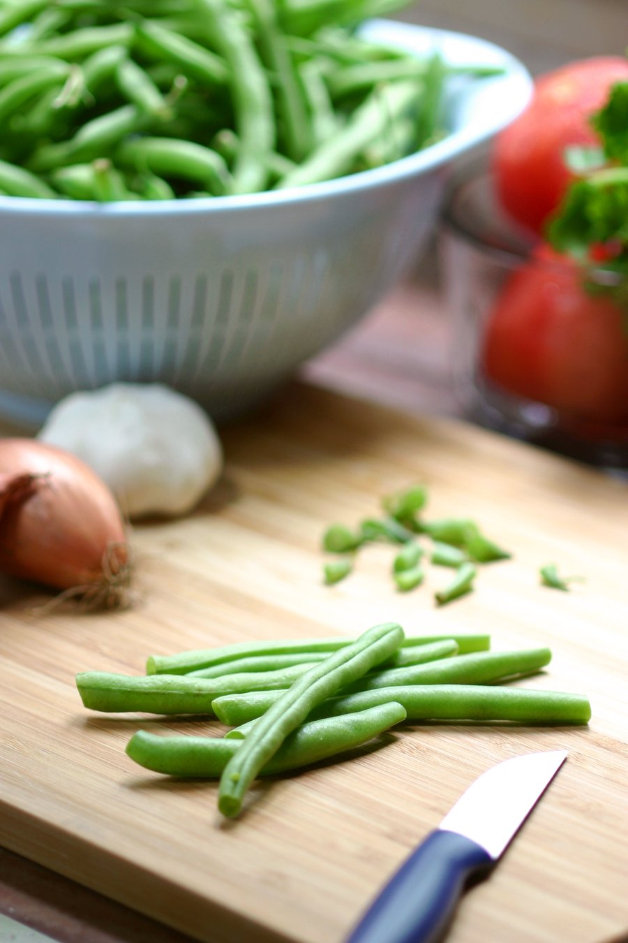 Middle Eastern Stewed Green Beans (Fasoolya bi Zayt) can be a side dish or even a light summer meal when served with lots of pita bread.