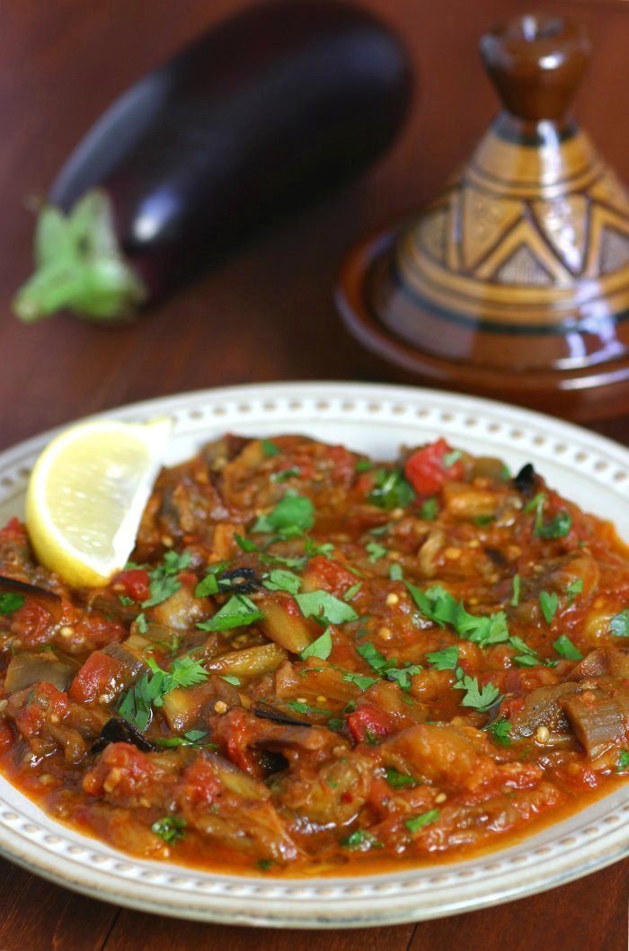 This warm Moroccan Eggplant Salad (Zaalouk) combines cooked eggplant, tomatoes, and classic spices and is enjoyed as a side or alone with lots of bread.