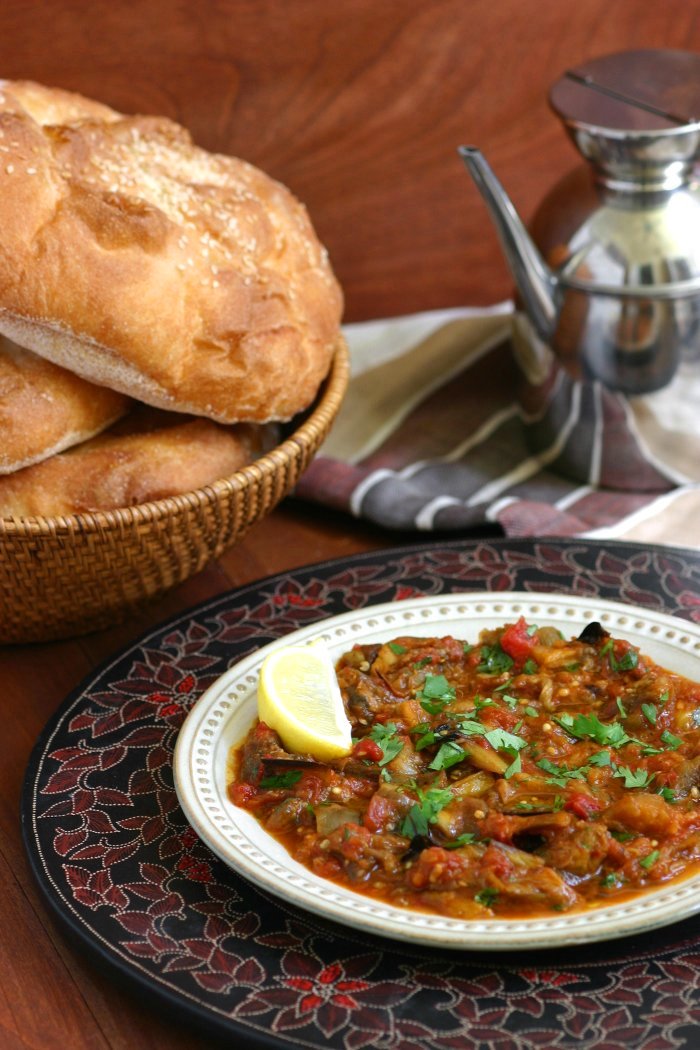 This warm Moroccan Eggplant Salad (Zaalouk) combines cooked eggplant, tomatoes, and classic spices and is enjoyed as a side or alone with lots of bread.