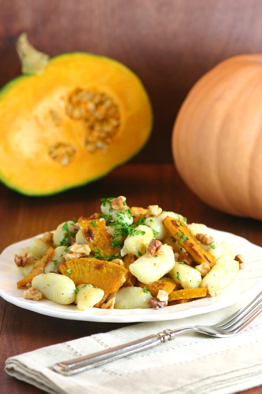 Gnocchi with Roasted Pumpkin and Walnuts is a hearty pasta entrée with Fall flavors and a fluffy texture.