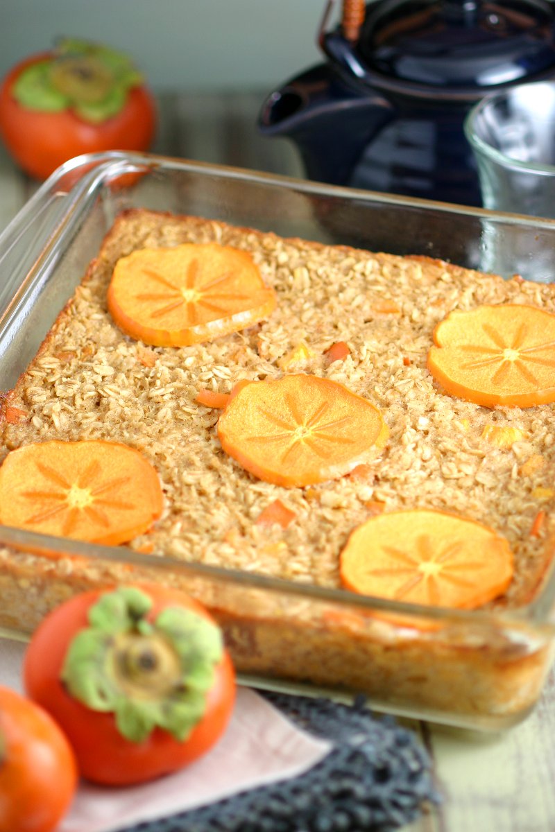 This gluten-free and vegan Persimmon Baked Oatmeal presents all the yumminess of oatmeal in a conveniently sliceable and reheatable format.