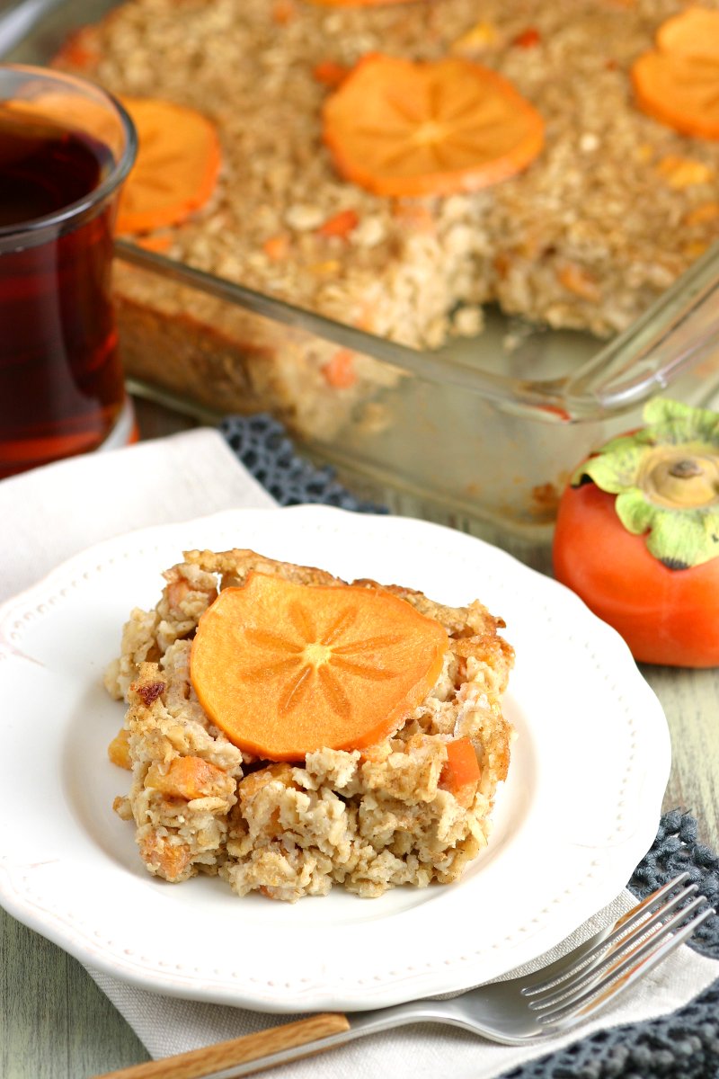 This gluten-free and vegan Persimmon Baked Oatmeal presents all the yumminess of oatmeal in a conveniently sliceable and reheatable format.