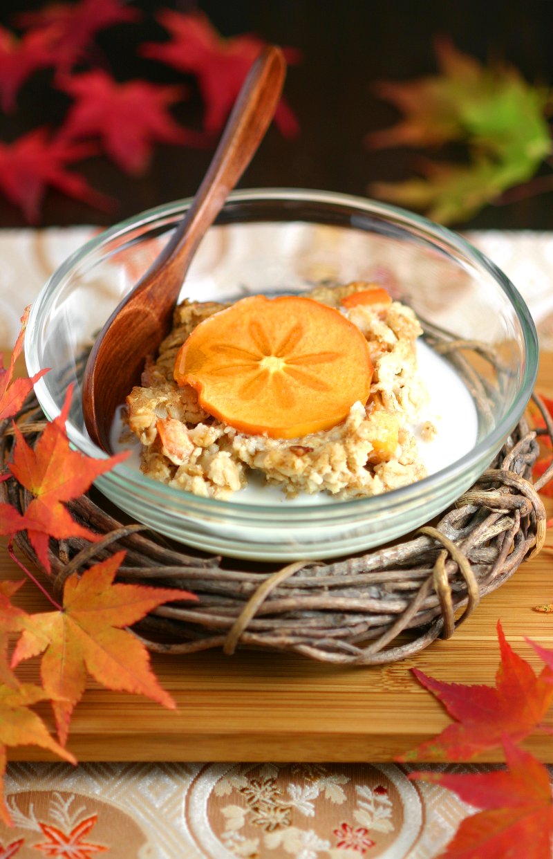 This gluten-free and vegan Persimmon Baked Oatmeal presents all the yumminess of oatmeal in a conveniently sliceable and reheatable format.
