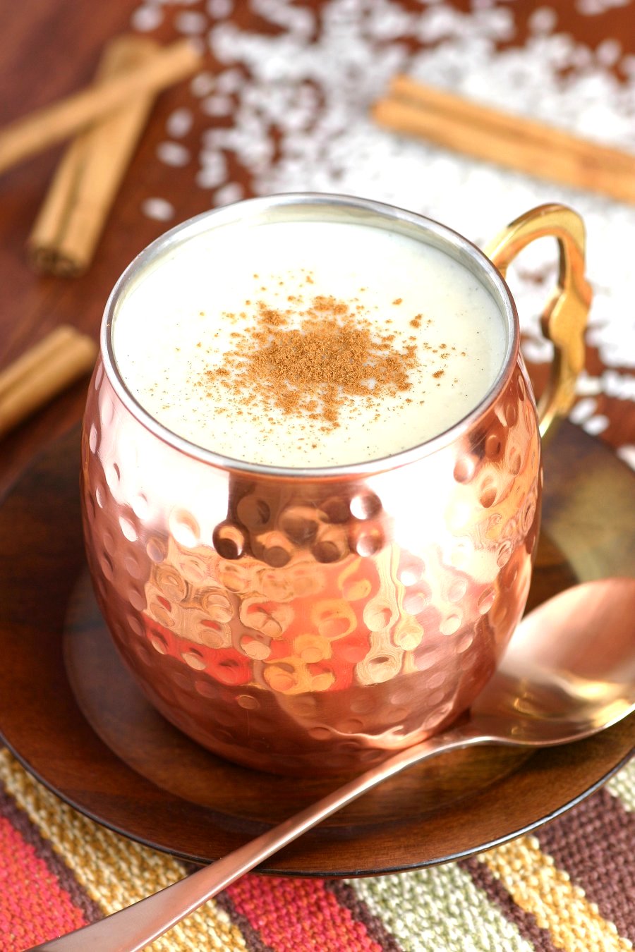 This Mexican Sweet Rice Drink (Atole de Arroz) is a creamy cinnamon and vanilla-infused hot beverage with a porridge-like consistency that's perfect cold weather days.