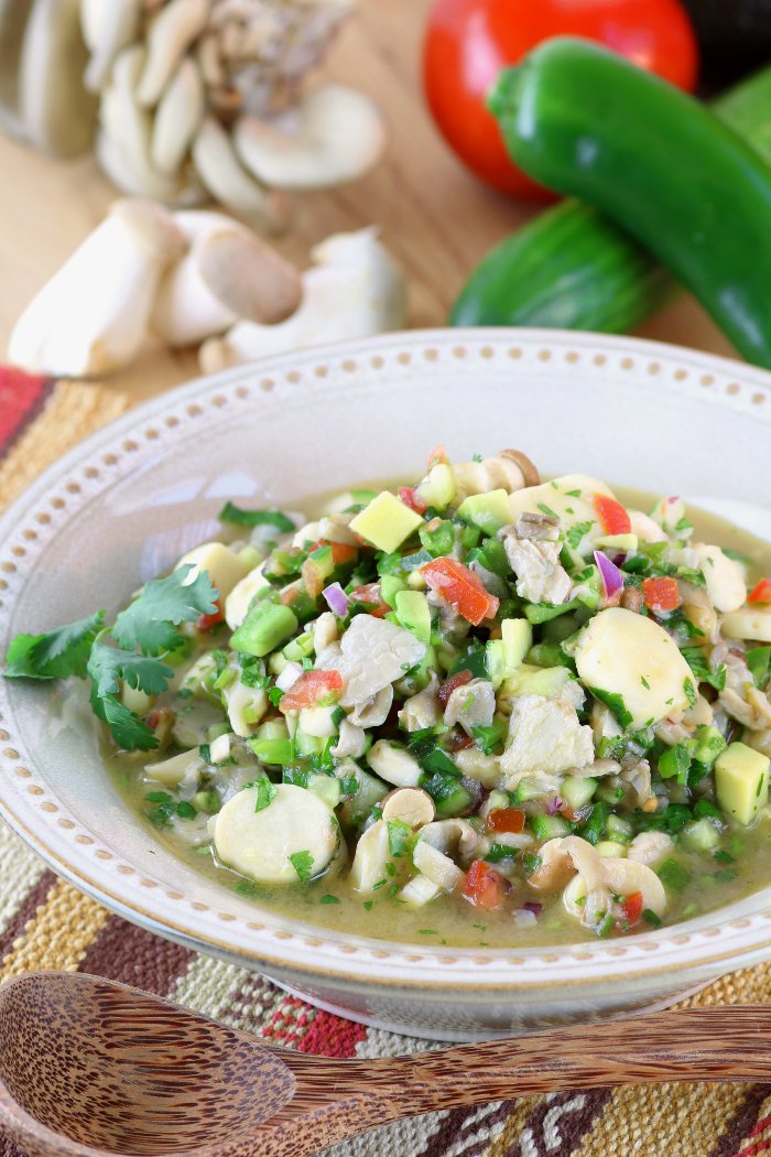 A fish-free version of a favorite dish throughout Latin America, this vegan Mushroom Ceviche uses two varieties of mushrooms for meaty texture and complex taste.