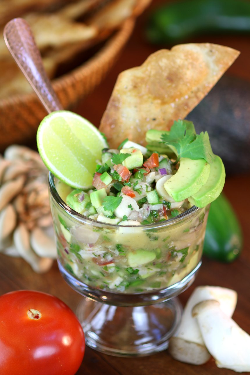 A fish-free version of a favorite dish throughout Latin America, this vegan Mushroom Ceviche uses two varieties of mushrooms for meaty texture and complex taste.