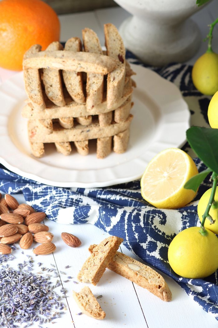 These sweet and crunchy Vegan Biscotti with Provençal Flavors feature dried lavender, citrus zest, and toasted almonds. They have just the right texture for eating alone or dunking in coffee.