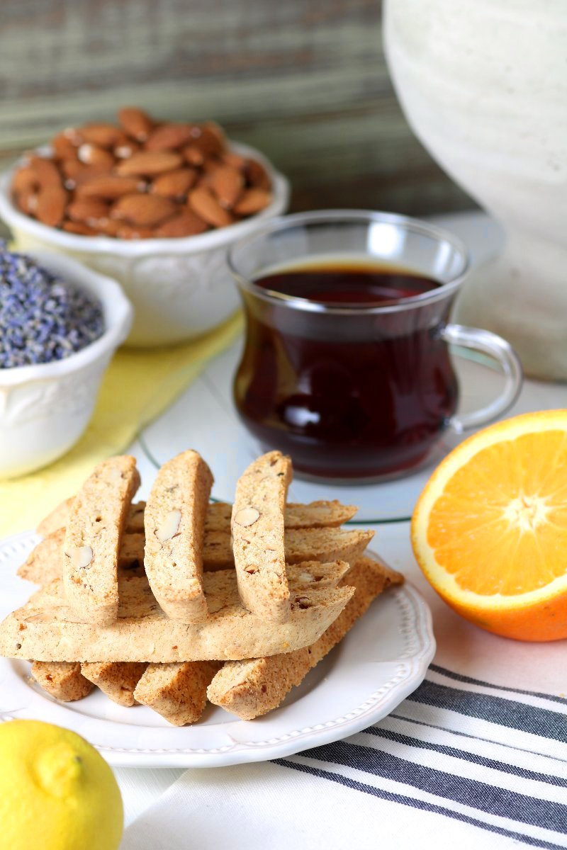 These sweet and crunchy Vegan Biscotti with Provençal Flavors feature dried lavender, citrus zest, and toasted almonds. They have just the right texture for eating alone or dunking in coffee.