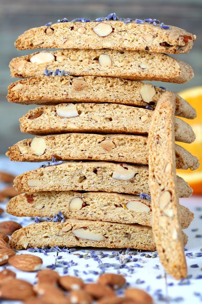 These sweet and crunchy Vegan Biscotti with Provençal Flavors feature dried lavender, citrus zest, and toasted almonds. They have just the right texture for eating alone or dunking in coffee.