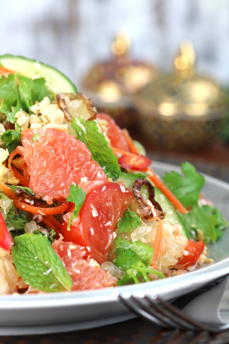 This mouthwatering Thai Grapefruit Salad succeeds in harmonizing sweet, hot, bitter, and sour flavors to simultaneously excite the tastebuds!