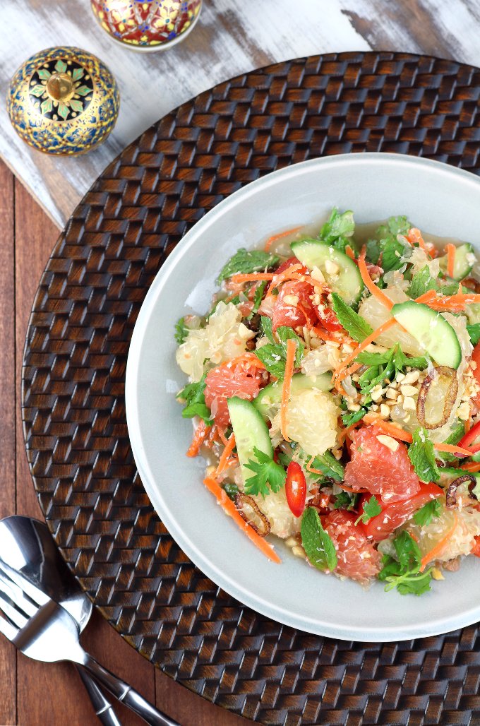 This mouthwatering Thai Grapefruit Salad succeeds in harmonizing sweet, hot, bitter, and sour flavors to simultaneously excite the tastebuds!