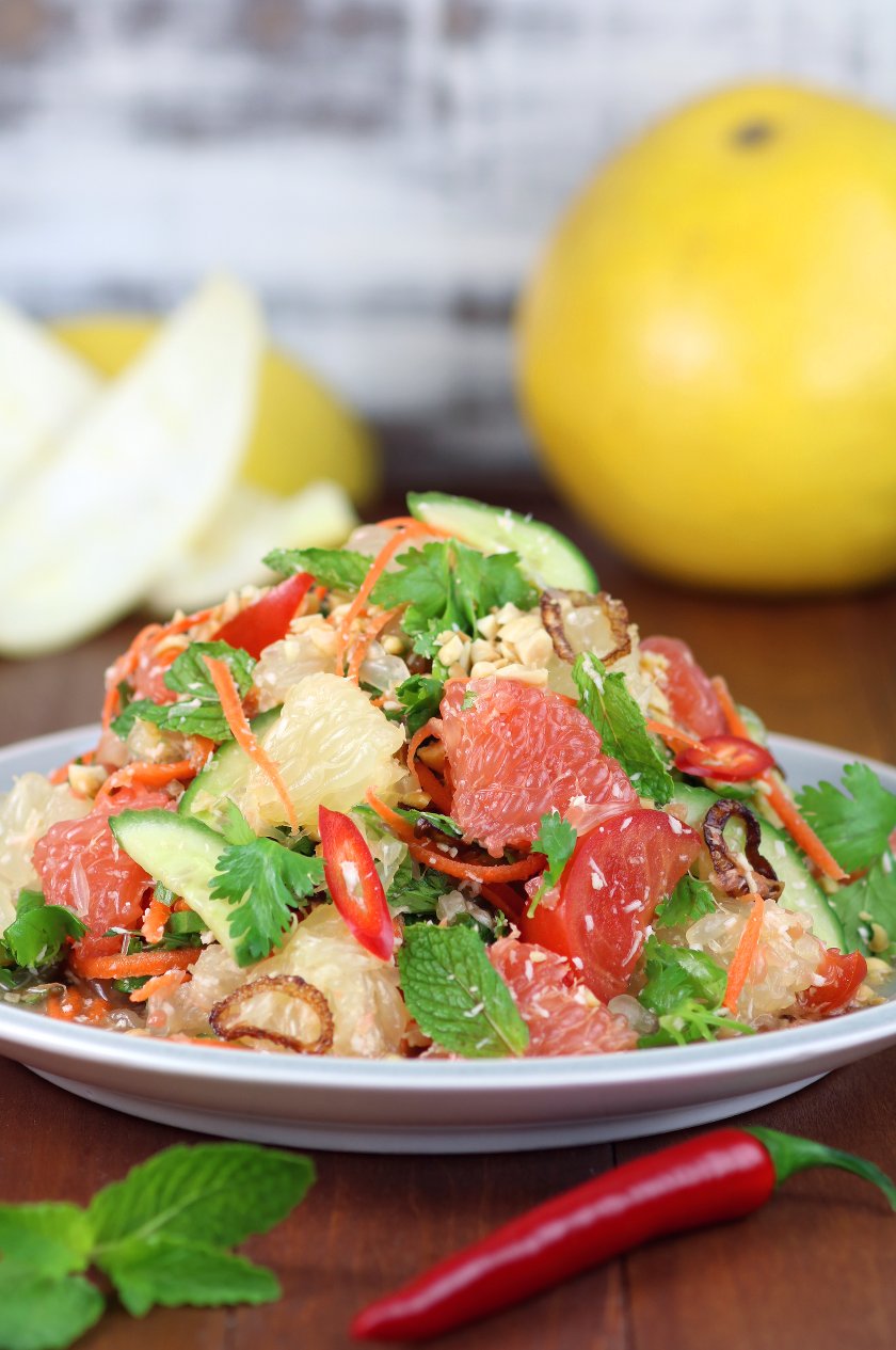 This mouthwatering Thai Grapefruit Salad succeeds in harmonizing sweet, hot, bitter, and sour flavors to simultaneously excite the tastebuds!