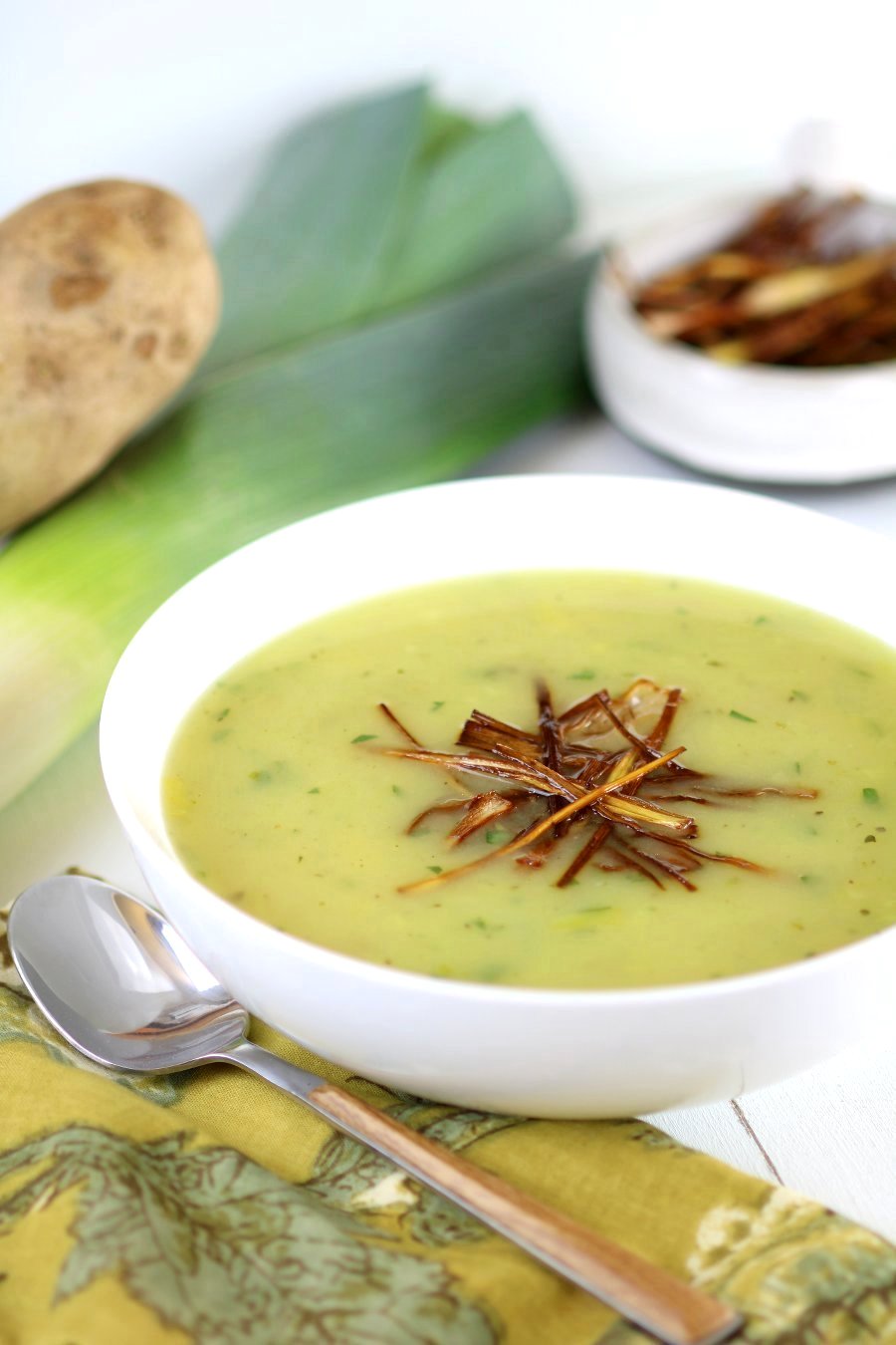 This velvety Vegan Potato and Leek Soup is a quick and easy soup that employs the natural creaminess of potatoes. Gluten-free and nut-free, too!