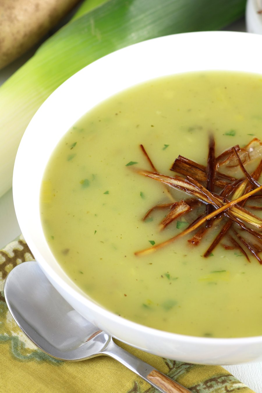 This velvety Vegan Potato and Leek Soup is a quick and easy soup that employs the natural creaminess of potatoes. Gluten-free and nut-free, too!