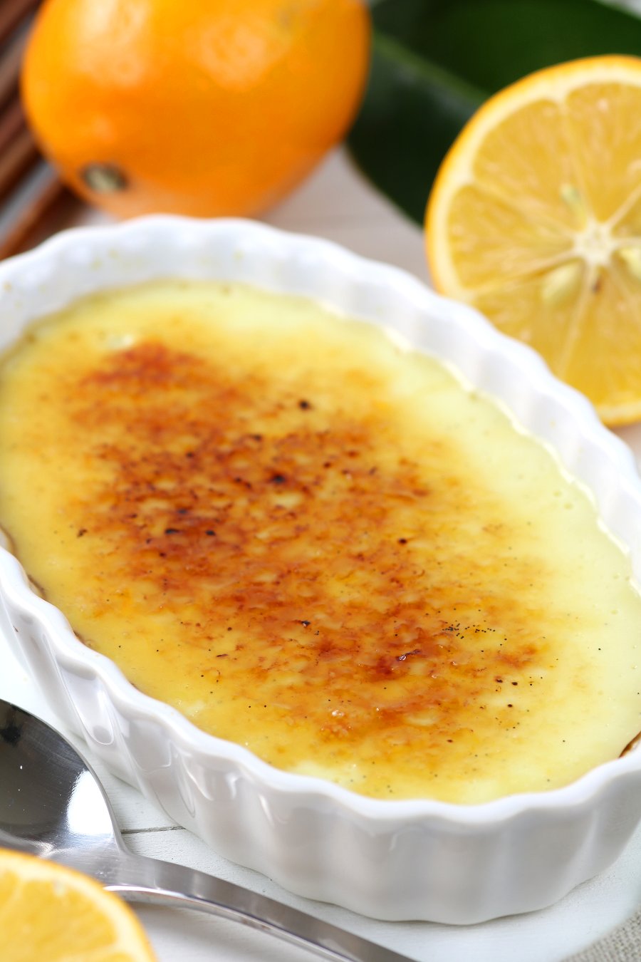 Use your spoon to shatter the caramel crackle topping of this Vegan Meyer Lemon Crème Brûlée and reveal the custardy and lemony dessert underneath!