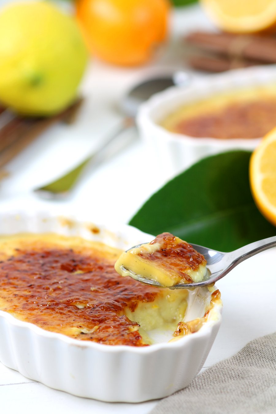 Use your spoon to shatter the caramel crackle topping of this Vegan Meyer Lemon Crème Brûlée and reveal the custardy and lemony dessert underneath!