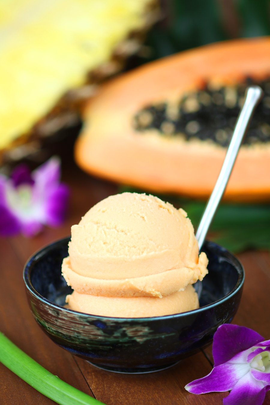 Fragrant tropical fruit blended with creamy coconut milk creates this sweet, cool, and refreshing Papaya Pineapple Sherbet.