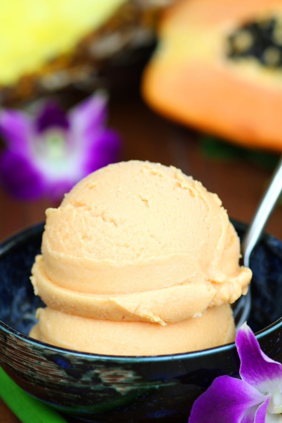 Fragrant tropical fruit blended with creamy coconut milk creates this sweet, cool, and refreshing Papaya Pineapple Sherbet.