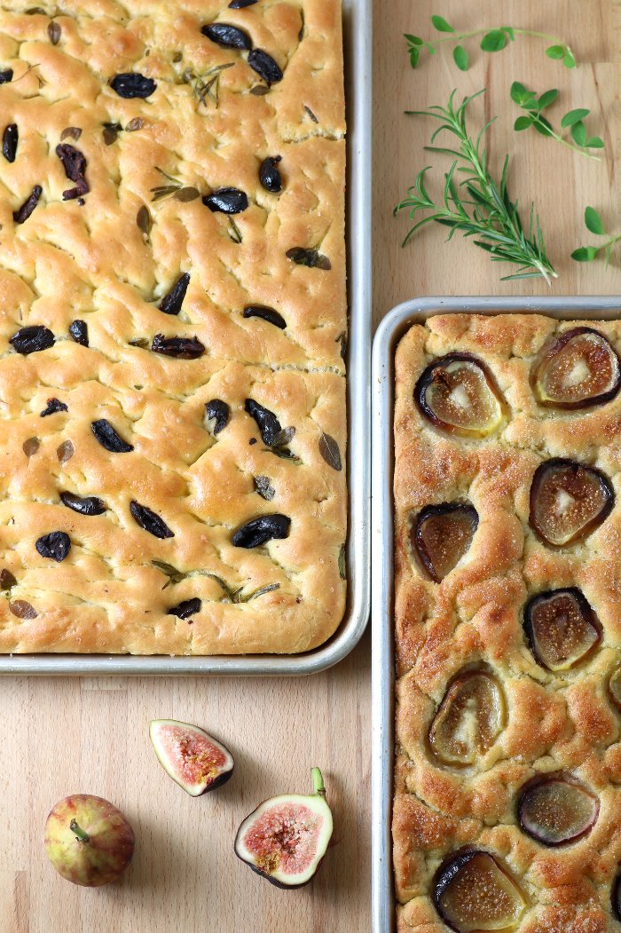 Olives, tomatoes, roasted veggies, herbs, or fruits...the topping possibilities are endless with this base recipe for Homemade Focaccia. And no kneading required!