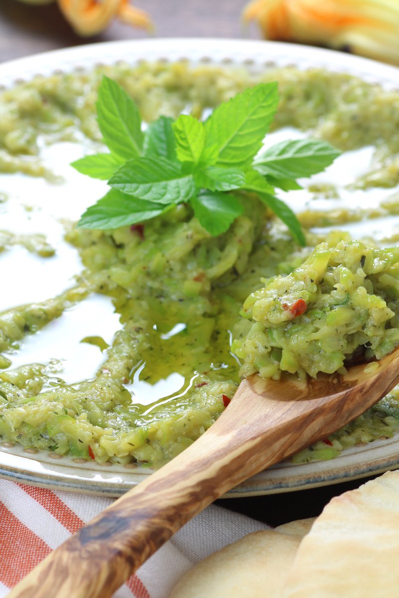 Quick and easy recipe for Zucchini and Mint Spread that needs only five ingredients. Great, delicious way to use up those summer zucchinis and squashes!