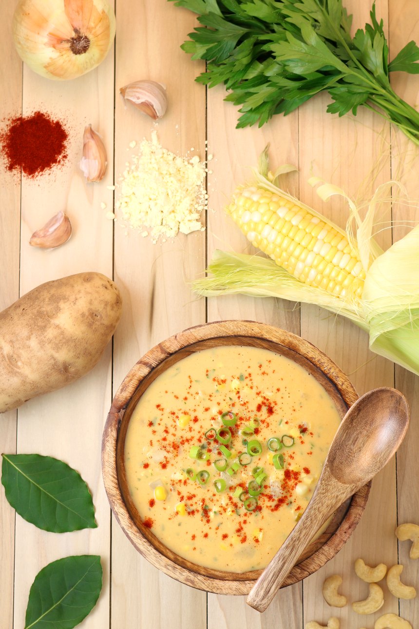 Thick and rich Creamy Vegan Corn Chowder is a delicious way to showcase the natural sweetness and creaminess of summer corn!