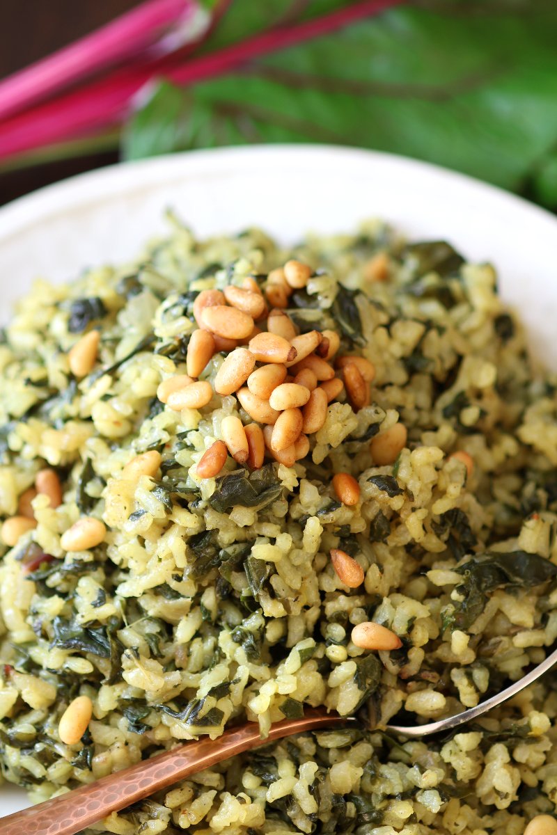 Filling, nutritious, and aromatic Swiss Chard Rice Pilaf is a great way to use these delicious leafy greens!