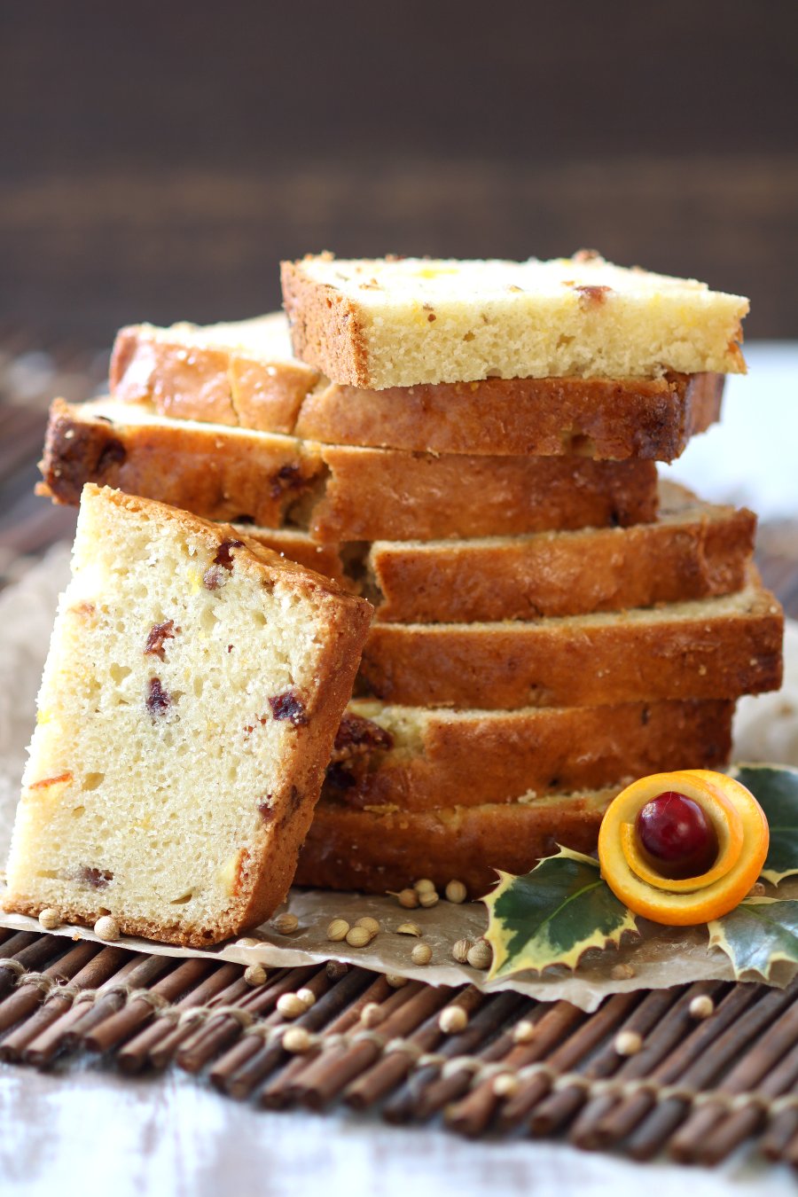 A Vegan Orange Cranberry Coriander Pound Cake recipe that is well-suited for serving as a baked treat for the holidays or any time of the year!