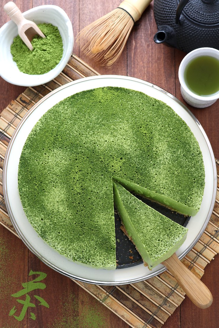 A creamy Vegan Matcha Mousse Cake with an airy, whipped texture flavored with the complex taste of Japanese matcha green tea powder.