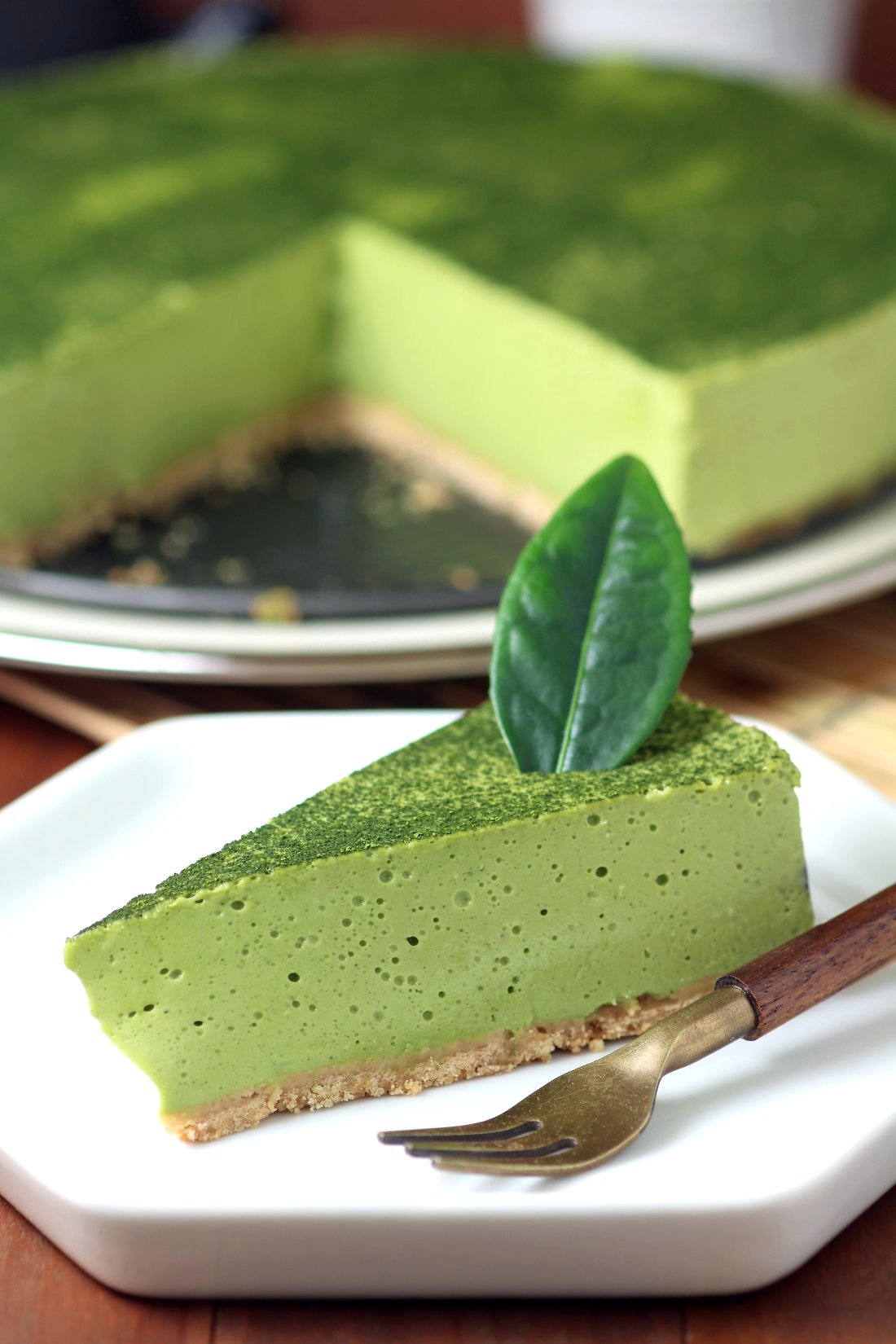 A creamy Vegan Matcha Mousse Cake with an airy, whipped texture flavored with the complex taste of Japanese matcha green tea powder.