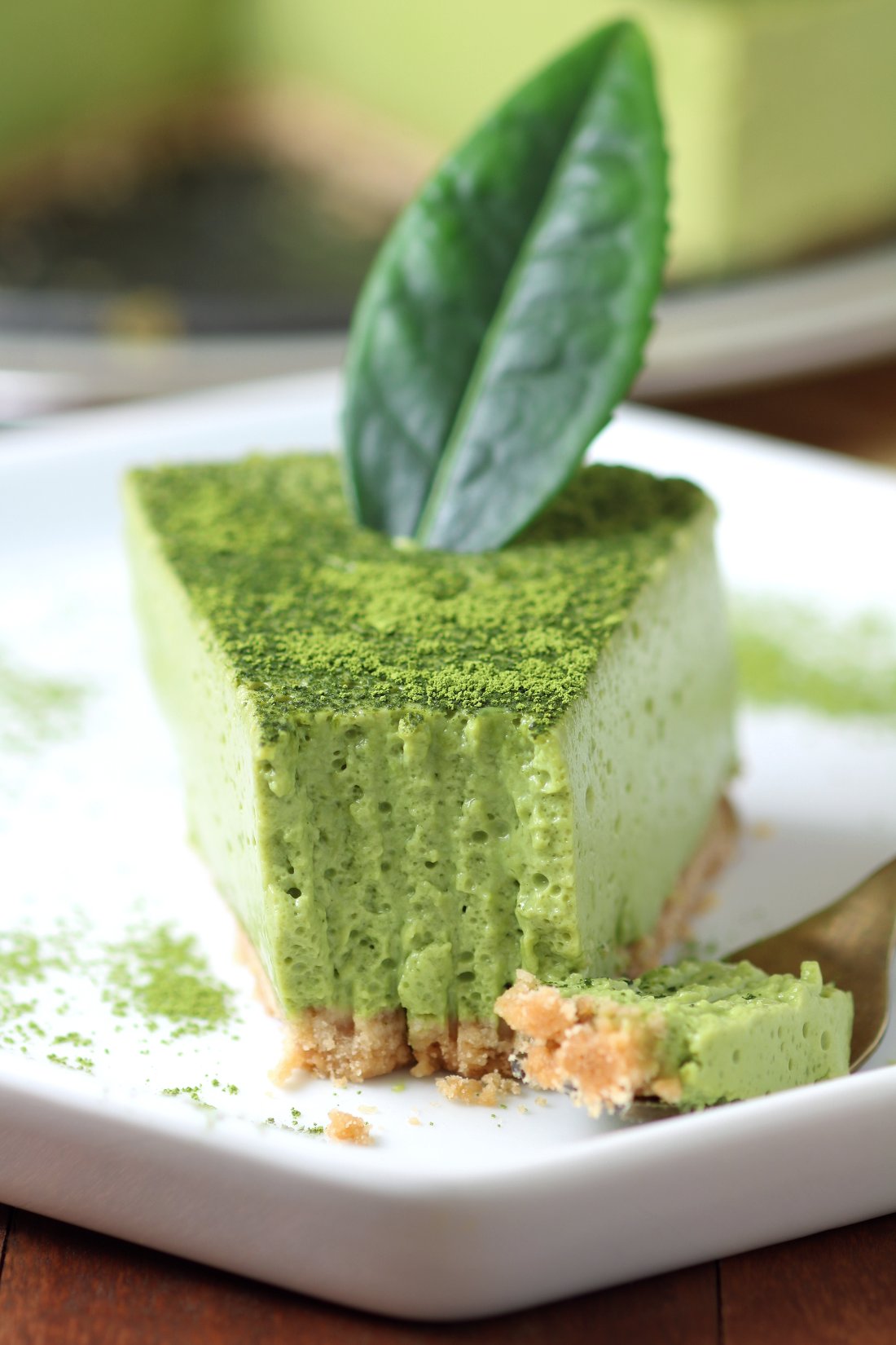 A creamy Vegan Matcha Mousse Cake with an airy, whipped texture flavored with the complex taste of Japanese matcha green tea powder.