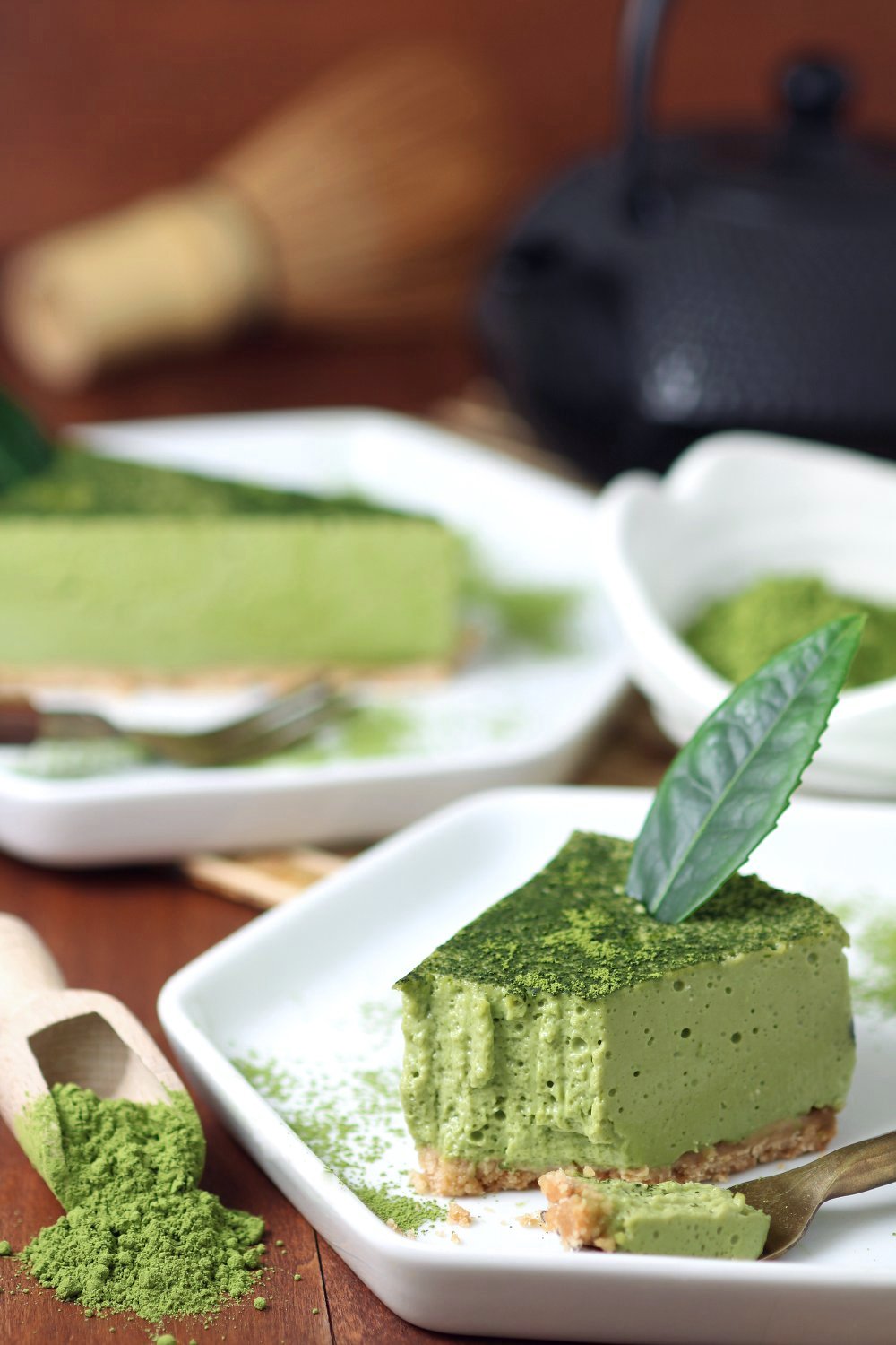 A creamy Vegan Matcha Mousse Cake with an airy, whipped texture flavored with the complex taste of Japanese matcha green tea powder.