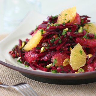This recipe for Raw Beet Salad with oranges and pistachios has a sweet, earthy flavor and a toothy chew.