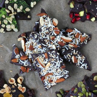 A recipe for Chocolate Bark that can be made quickly with minimal ingredients. Nuts, seeds, fruits, spices, herbs, and teas are all great toppings.